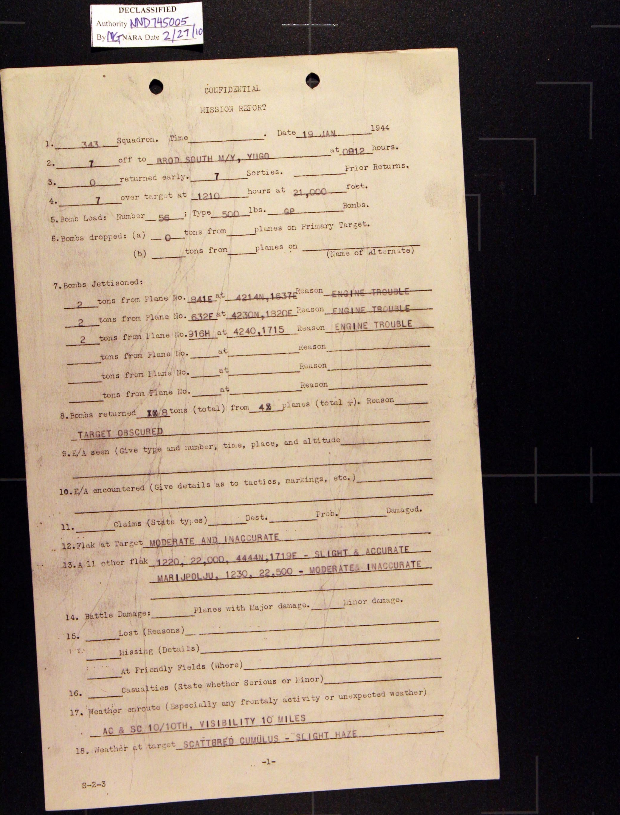 Izvješće o zračnom napadu na Sl. Brod 19. 01. 1944.