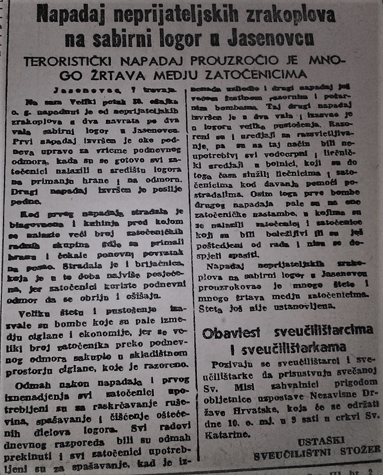 Foto iz novina - o zračnom napadu na radni logor Jasenovac
