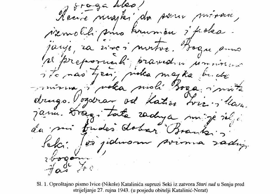 Oproštajno pismo Ivice Katalinića supruzi Seki